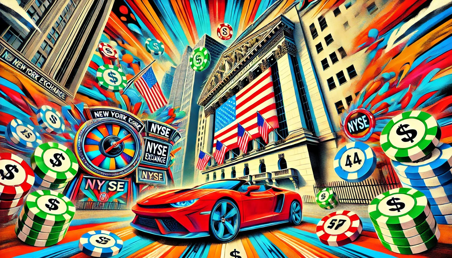 A vibrant and dynamic pop-art style illustration depicting the New York Stock Exchange (NYSE) as a fusion of a casino and financial markets. The scene includes a colorful slot machine with the label 'NEW YORK EXCHANGE' in bold letters, showing symbols of stocks and dollars, surrounded by casino chips in red, green, and blue, and a bright red sports car. In the background, there are high-rise buildings with the NYSE in view, with American flags waving, and an explosion of color radiating from the center, symbolizing a mix of financial market excitement and the thrill of a casino environment. The scene should convey a lively and dramatic financial world.