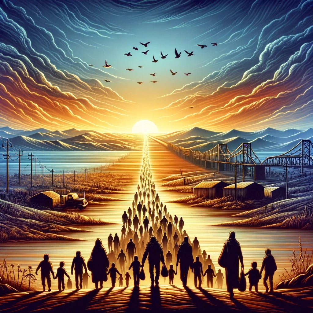 An image depicting the journey of displaced individuals, symbolizing their resilience and hope amidst uncertainty. The scene might show a group of peoFeb