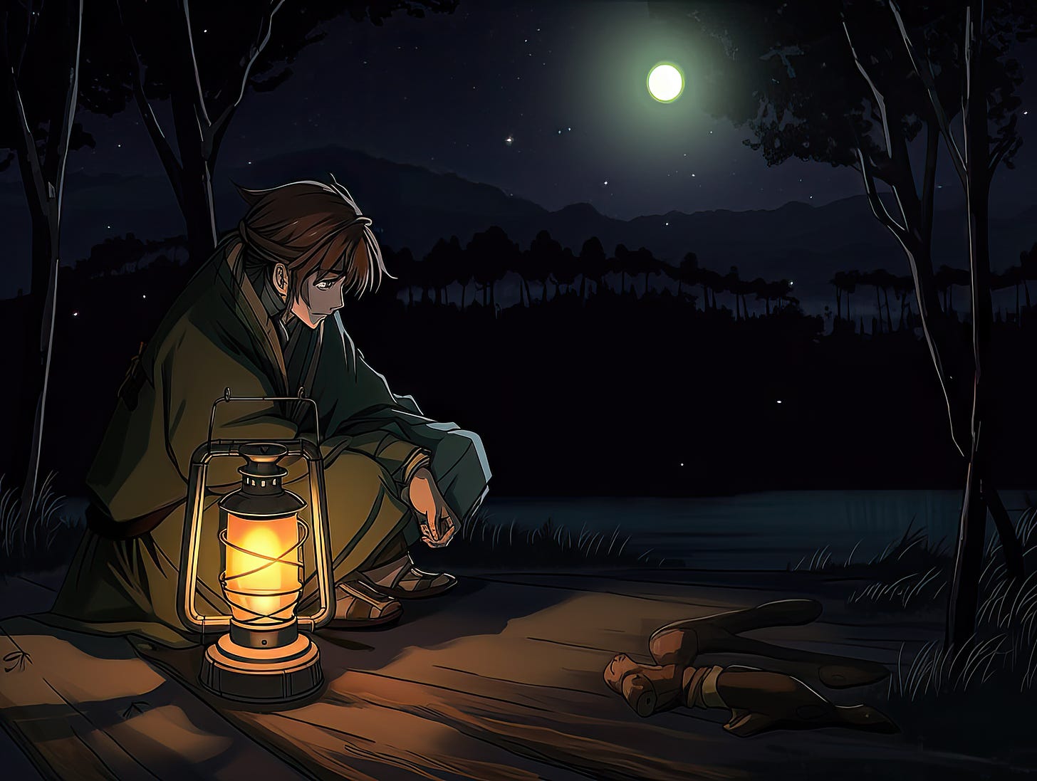 A man sitting by himself in the wilderness, at night, surrounded by darkness, with a small lantern providing light that comforts him