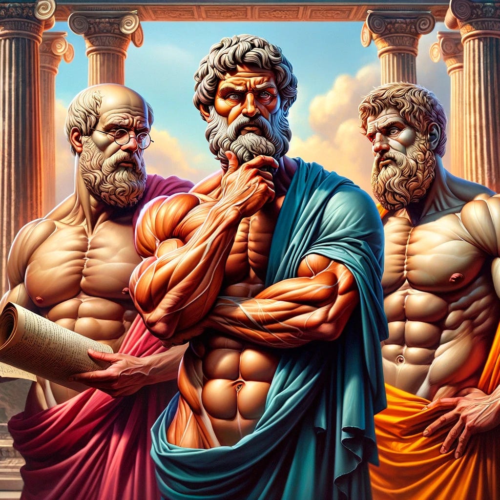 An artistic illustration featuring three ancient Stoic philosophers with highly exaggerated muscular physiques, showcasing prominent abs. The scene is set in an ancient Greek environment, with classic architecture and marble columns in the background. The philosophers are depicted in a thoughtful pose, one holding a scroll, another with a book, and the third gazing thoughtfully into the distance. They are dressed in traditional Greek robes, draped in a way that reveals their muscular torsos. The overall tone of the image is a blend of historical accuracy and playful anachronism, with a focus on vibrant colors and dramatic lighting to emphasize the exaggerated features of the philosophers.