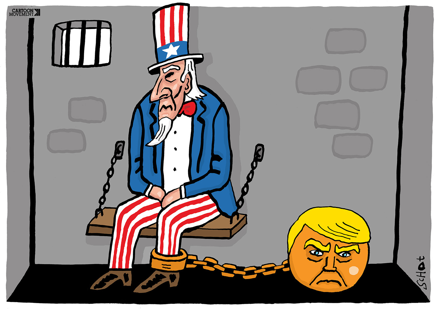Cartoon showing a prison cell. Uncle Sam is sitting on a wooden bench wearing a ball and chain. The ball is the head of Donald Trump.
