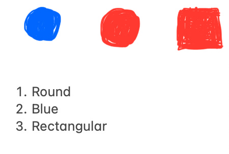 Three figures are shown at the top. The first is a blue circle. The second is a red circle. The third is a red square. There are three words below: (1) Round, (2) Blue, and (3) Rectangular.