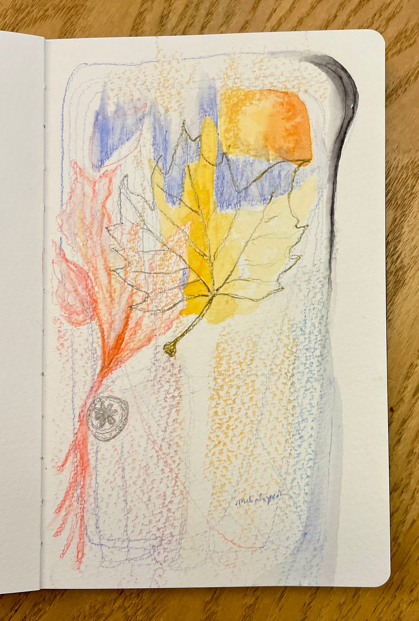 image: a whimsical abstract art with mixed media, it has cosy autumn colours, with a pencilled leaf and eucalyptus seed drawn on it