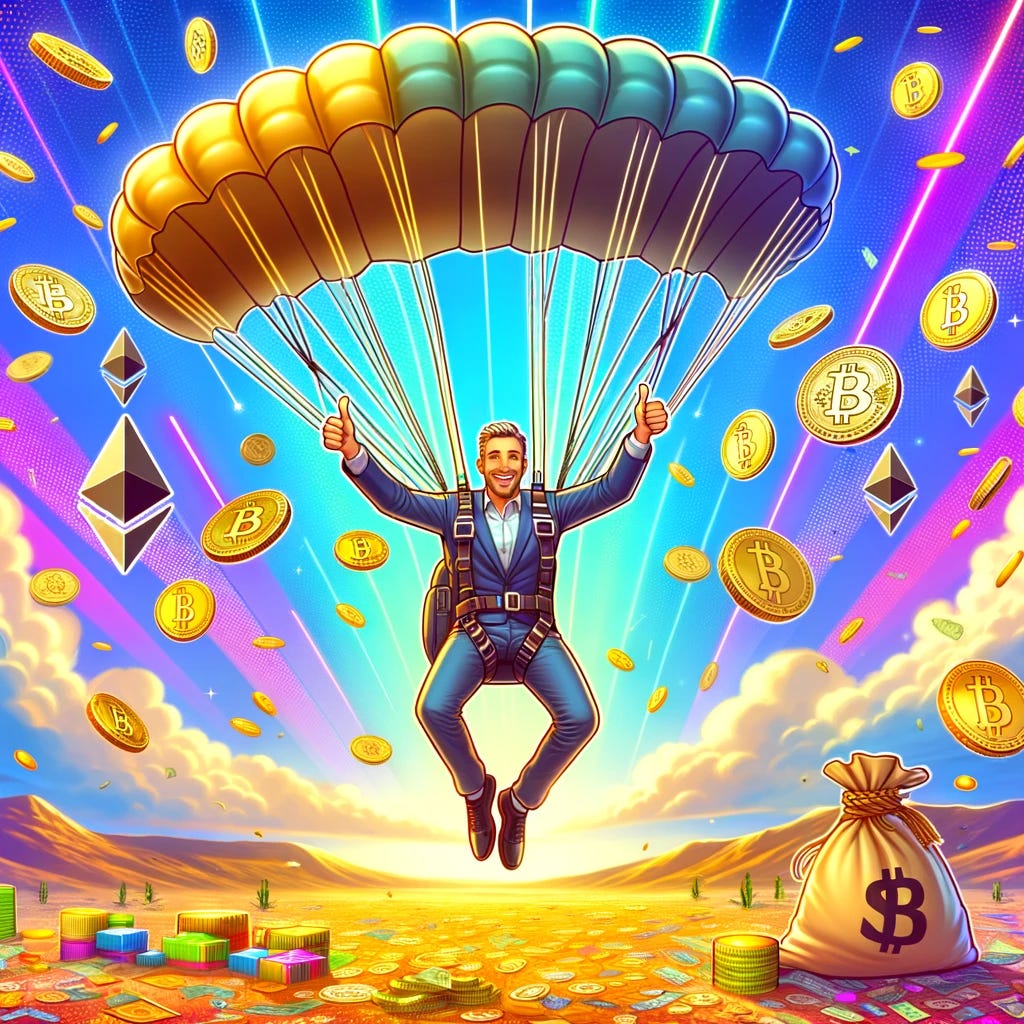 A man parachuting from the sky, surrounded by falling coins and cryptocurrency symbols like Bitcoin and Ethereum. The background is a vibrant gradient of colors, symbolizing the exciting and dynamic world of crypto airdrops. The man is smiling, giving a thumbs-up as he descends towards a landscape filled with symbols of wealth like gold bars and money bags. The overall atmosphere is one of excitement and prosperity, and the image is bursting with a sense of opportunity and fortune. 