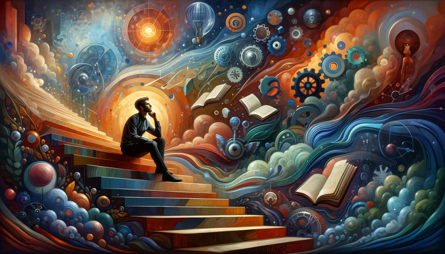 An image depicting an individual sitting on stairs, embodying a reflective and curious demeanor. The person is in a contemplative pose, with a thoughtful expression, gazing into the distance. Around them, the environment is filled with abstract representations of curiosity and learning, such as floating books, gears, and whimsical elements suggestive of the Age of Aquarius. The atmosphere should be serene yet vibrant, capturing a sense of wonder and introspection. The color palette should be rich and engaging, with a blend of warm and cool tones to convey a balance of emotion and intellect.