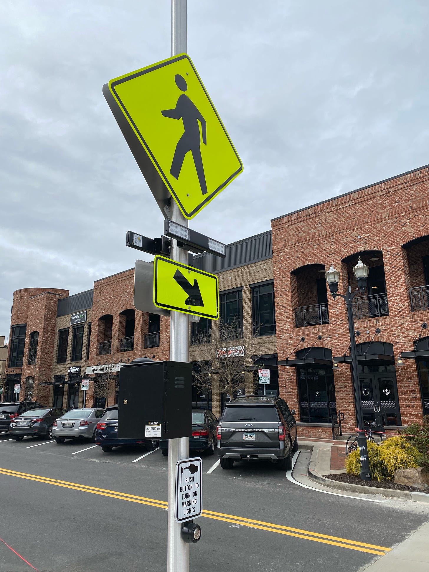 Close-up view of one of the City’s new rapidly flashing beacons at the newly installed raised crosswalks.
