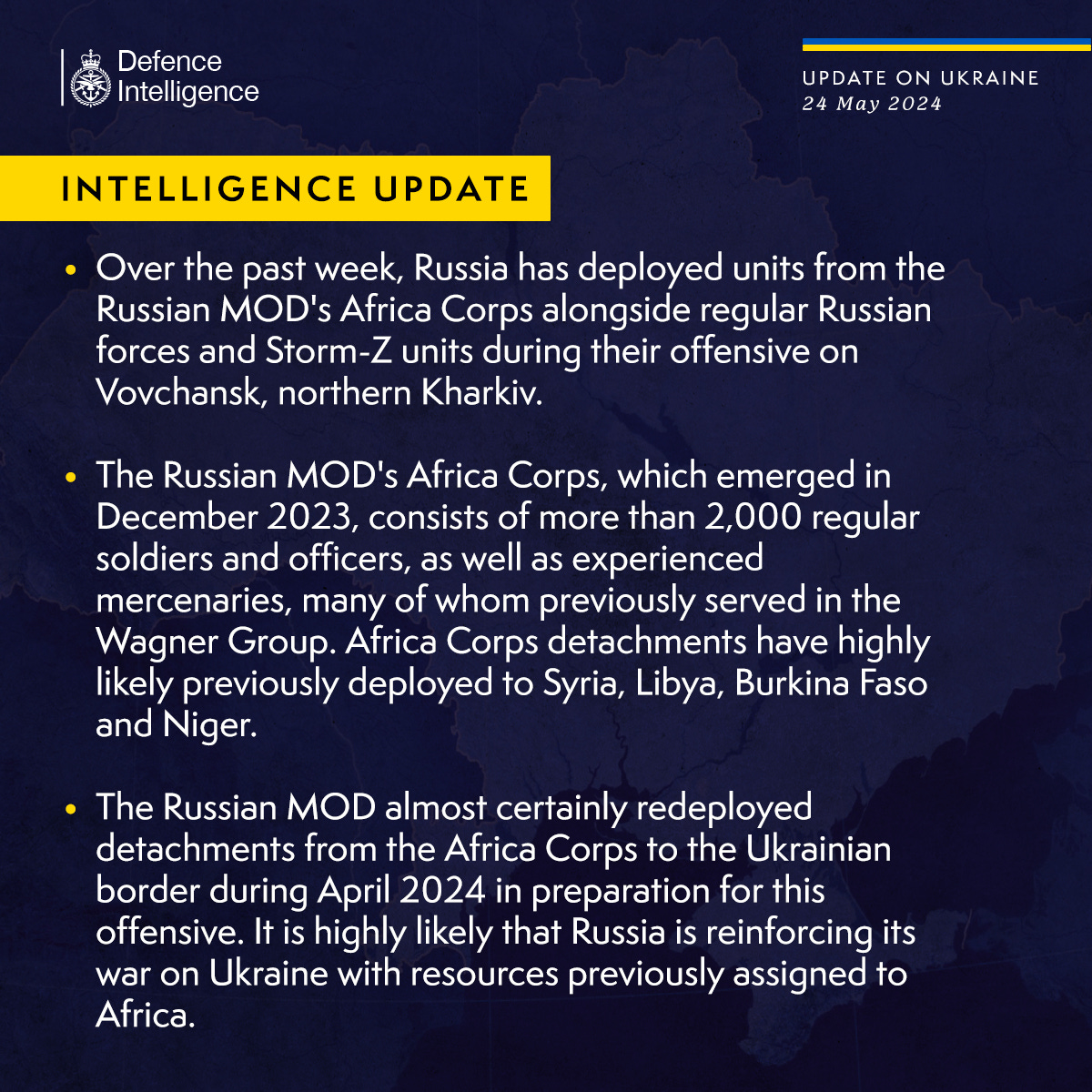 Over the past week, Russia has deployed units from the Russian MOD's Africa Corps alongside regular Russian forces and Storm-Z units during their offensive on Vovchansk, northern Kharkiv.
The Russian MOD's Africa Corps, which emerged in December 2023, consists of over 2,000 regular soldiers and officers, as well as experienced mercenaries, many of whom previously served in the Wagner Group. Africa Corps detachments have highly likely previously deployed to Syria, Libya, Burkina Faso and Niger.
The Russian MOD almost certainly redeployed detachments from the Africa Corps to the Ukrainian border during April 2024 in preparation for this offensive. It is highly likely that Russia is reinforcing its war on Ukraine with resources previously assigned to Africa.