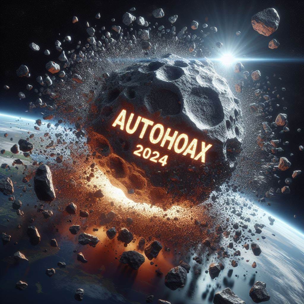 asteroid labled "AUTOHOAX2024" shattering the earth 