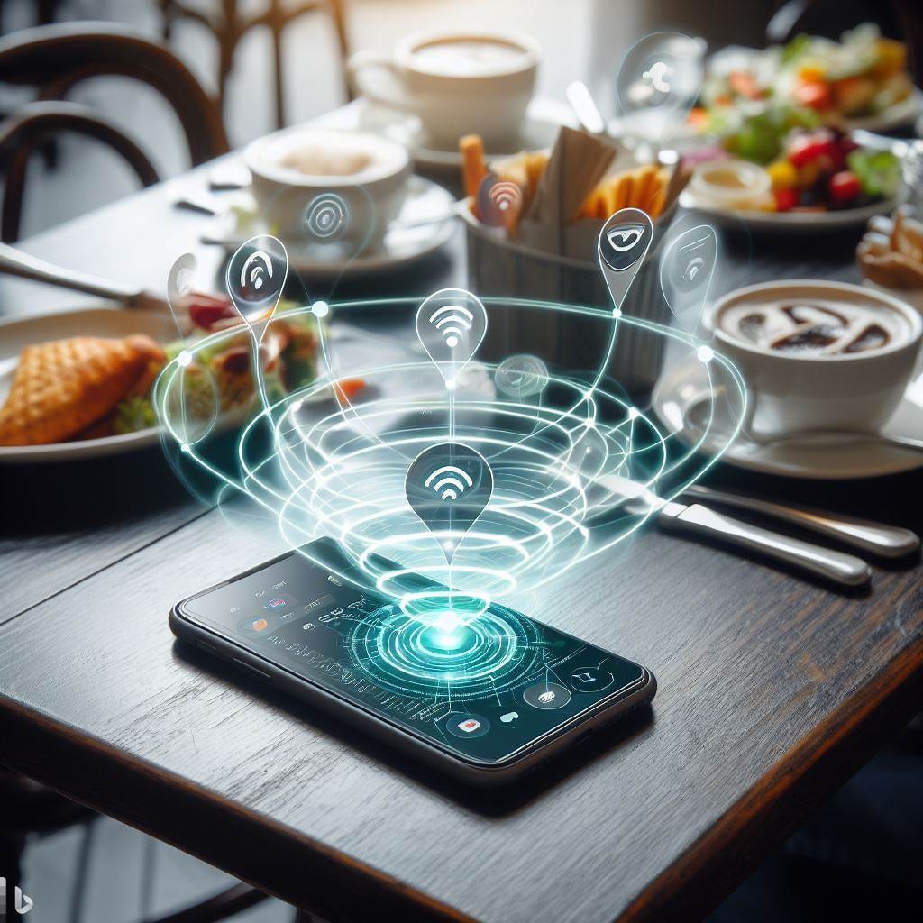 phone on the table, phone app  is pulling in multiple wireless signals and computing the perfect answer for a lunch spot