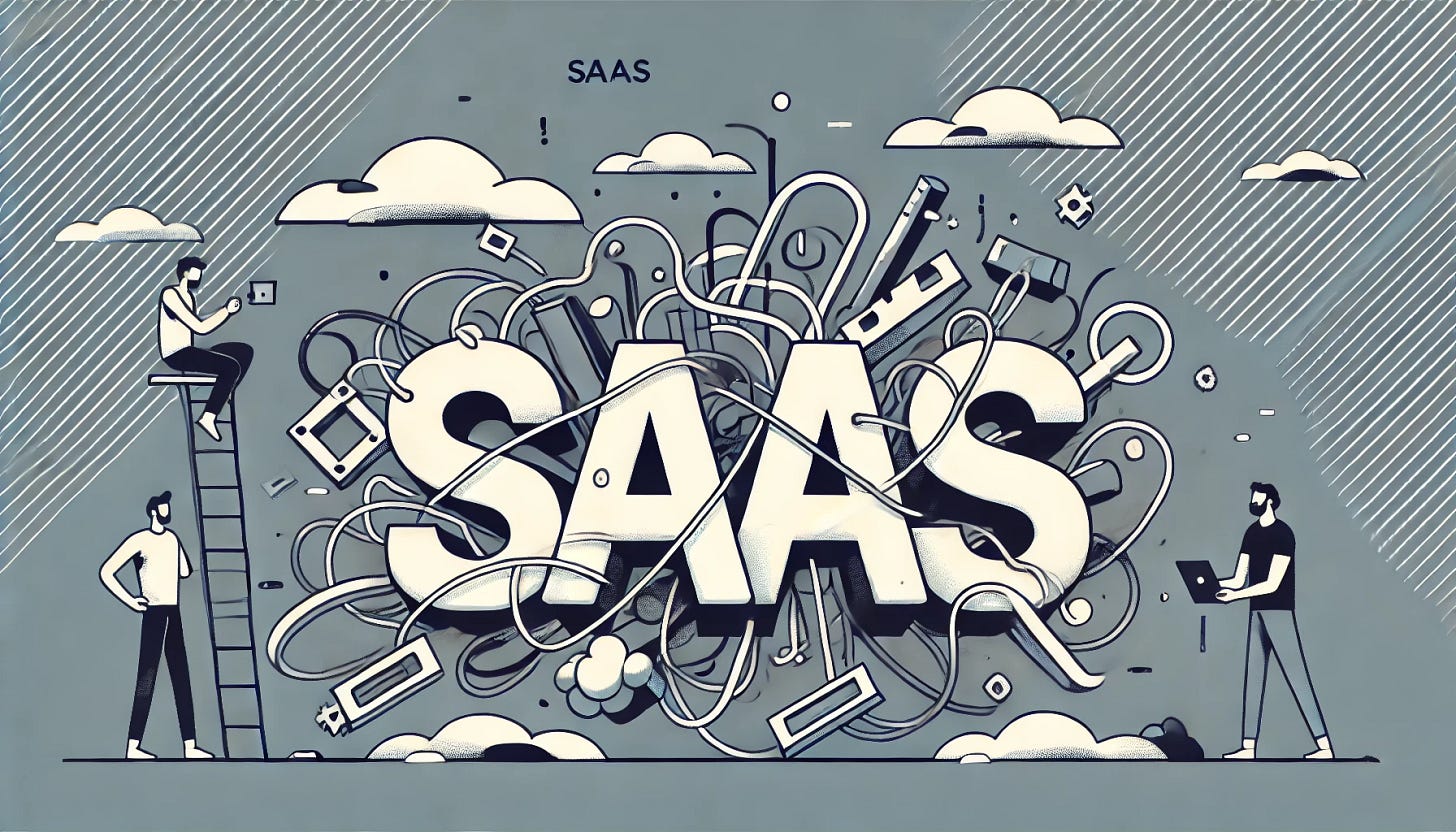 A flat-style illustration for a YouTube thumbnail with a single-color background. The central focus is the word 'SaaS' in large, bold letters. Surrounding 'SaaS', abstract visual elements suggest complexity and instability, such as tangled lines, breaking structures, or overloaded elements. The design is minimalistic with a clean, modern look.