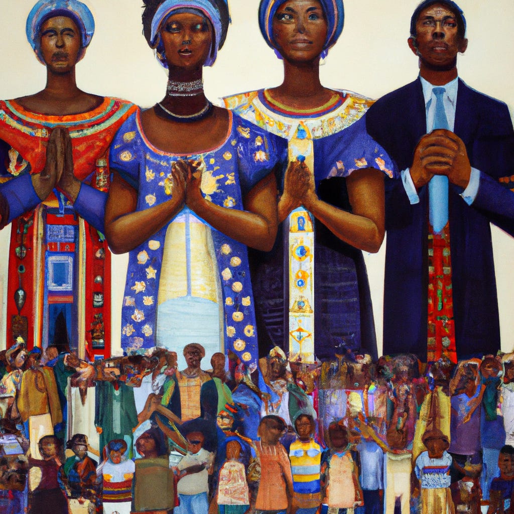 AI-generated image of  four monumental African American figures. They are dressed in vaguely multicultural clothing, concentrated in prayer while children and community dot the space beneath them.