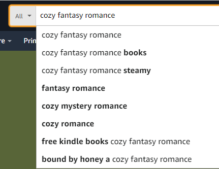An Amazon search for "cozy fantasy romance..." which has autopopulated results such as "cozy mystery romance"