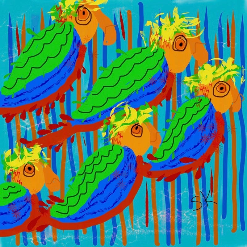 Primitive painting by Sherry Killam Arts, depicting five birds in formation, with green, blue, and red feathers against a striped background.