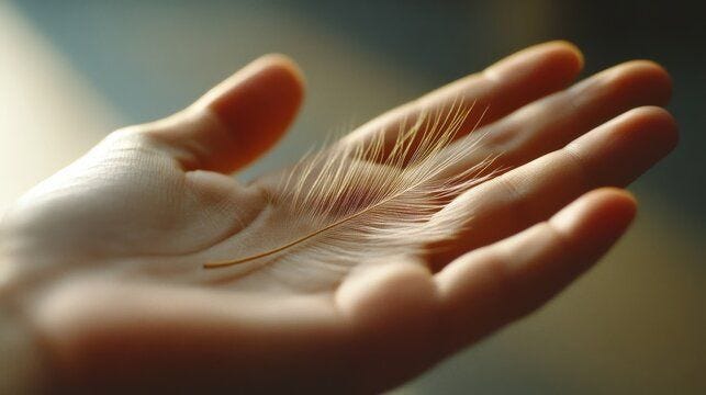 A feather rests in an open palm, illuminated by soft, diffused light, symbolizing gentleness and grace.