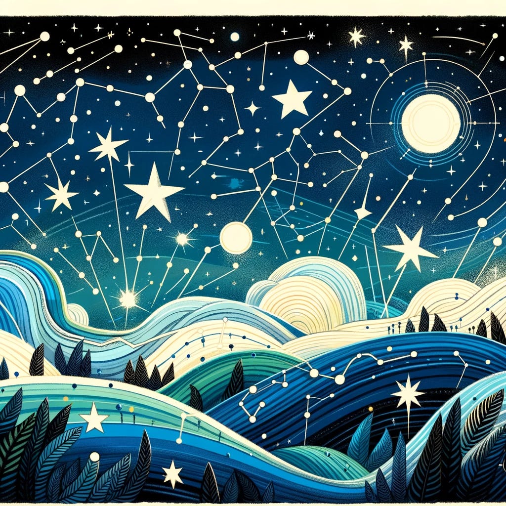 A whimsical illustration depicting the exploration of bioinformatics as a vast, starry sky map, where constellations represent various genetic sequences and tools. This artistic representation should use a storybook style with defined curved lines and should include celestial bodies like stars and planets shaped like data symbols. The color scheme should utilize the core palette of blue (#2D6DF6), dark blue (#0033A0), white (#FFFFFF), teal (#00AEC7), and yellow (#E3E829) to create an engaging and visually stimulating scene, with no text and focusing on symbolism.
