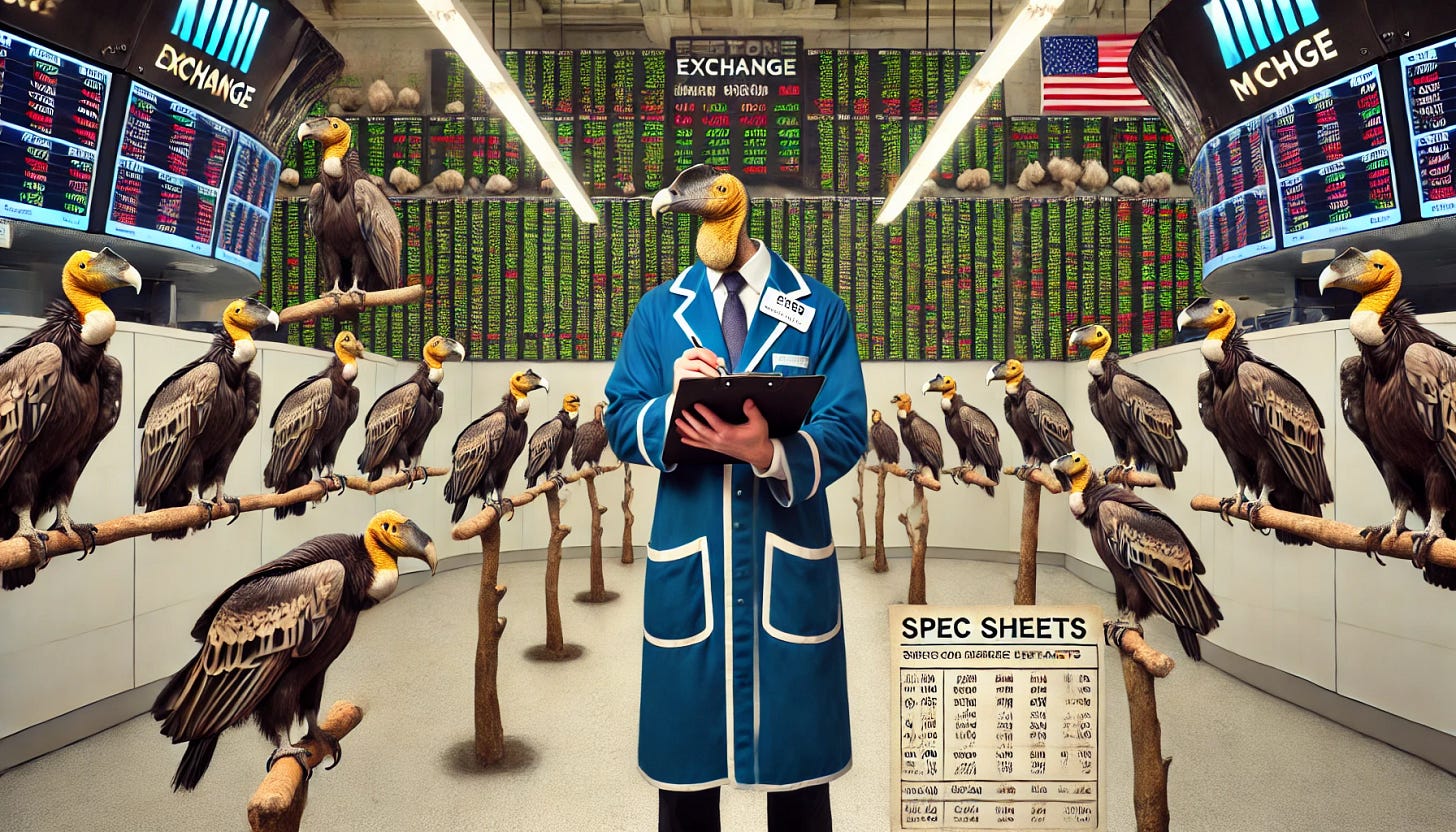 A surreal image of a trader wearing a traditional floor exchange pit jacket, standing in a whimsical store lined with rows of live condors perched on branches. Each condor looks slightly different, and below them are spec sheets listing financial details, resembling options trading contracts. The trader is holding a clipboard and carefully reviewing one of the spec sheets. The store has a backdrop of exchange floor tickers and financial market screens displaying stock prices and charts, adding a dynamic market-themed ambiance. The condors appear curious yet dignified, each one unique in feather patterns and posture. The overall scene has a blend of humor and sophistication.