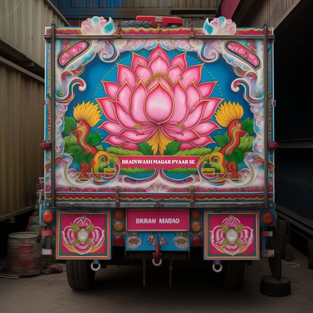 The backside of an Indian Truck. Midjourney X Canva X Author