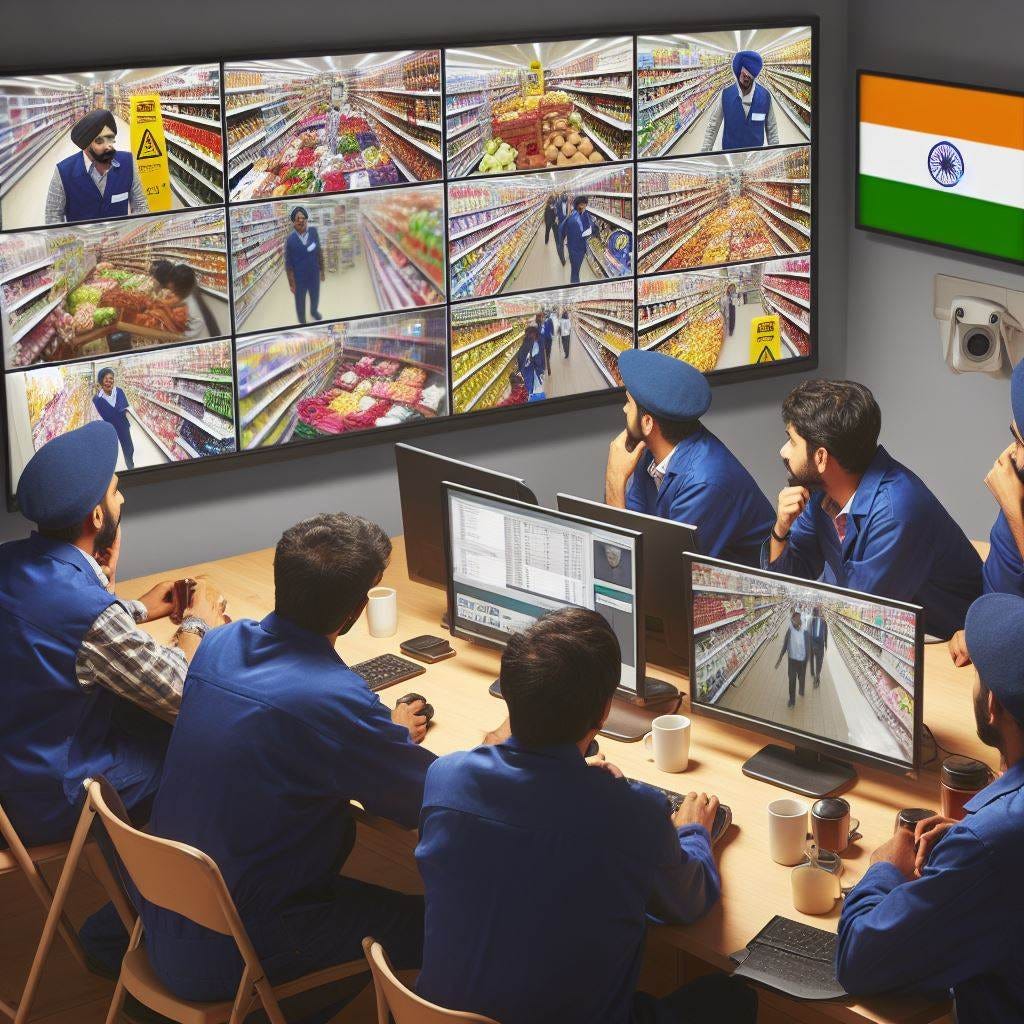 A room full of Indian workers looking at CCTV pictures of people shopping in UK supermarkets