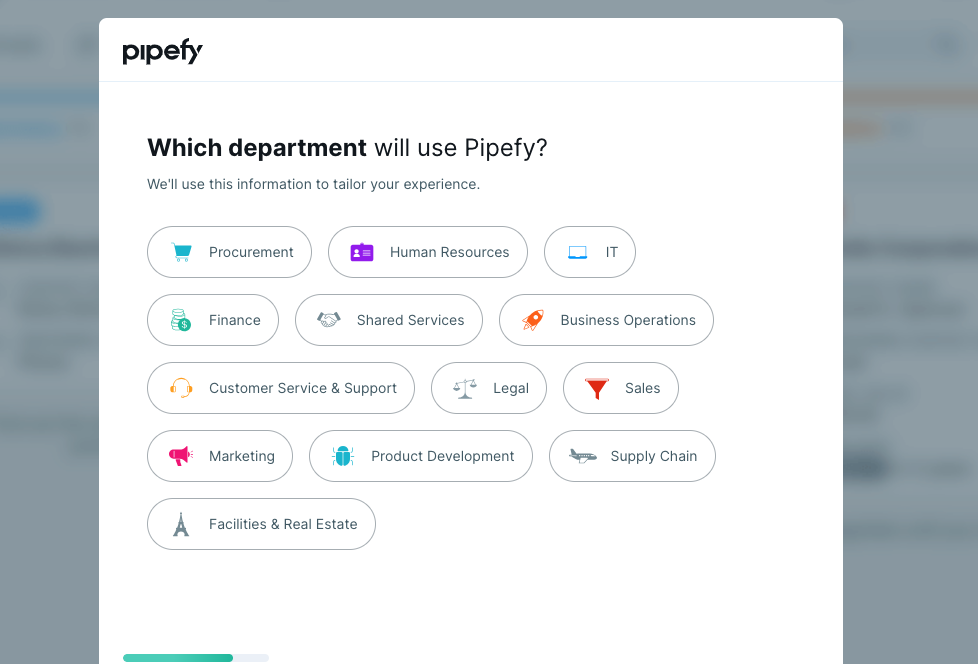 Pipefy self-segmentation screen - Department
