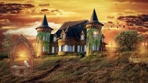 fairy tale house surrounded by woods, an orange sky and animals