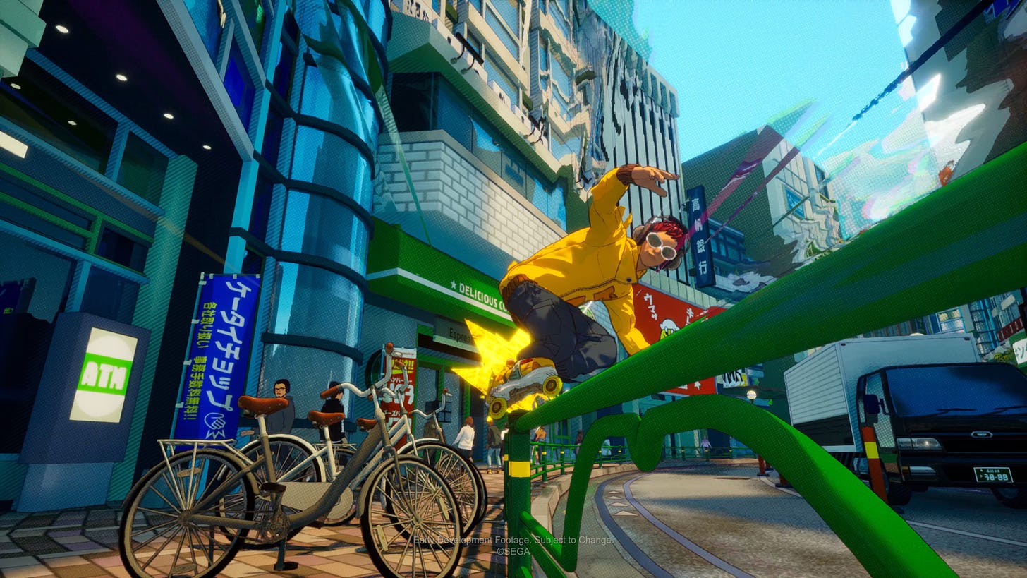 Video game screenshot of a skateboarder grinding on a rail in a city in Japan.
