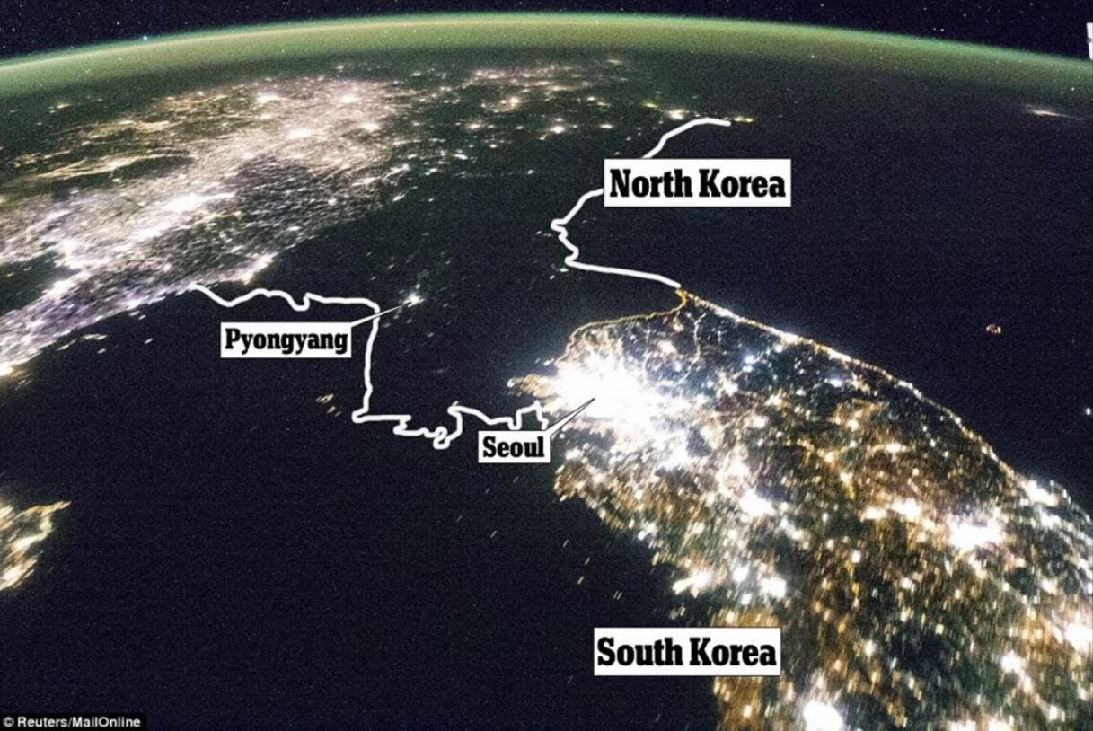 North Korea vs South Korea at night 