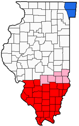 Map of Illinois with some counties in blue, red, and pink