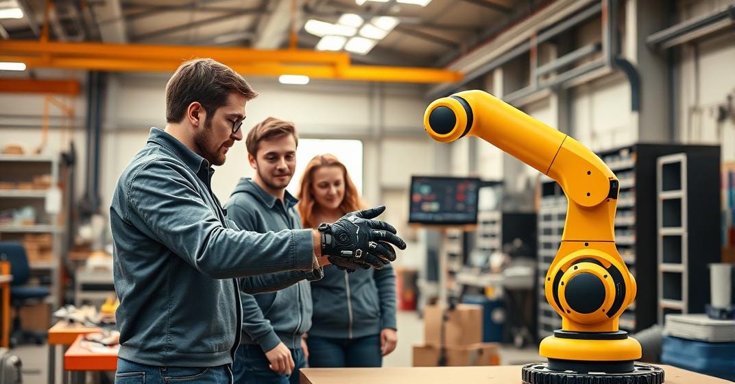 Drei Ingenieure interagieren mit einem gelben Industrieroboterarm in einer Fabrikhalle.