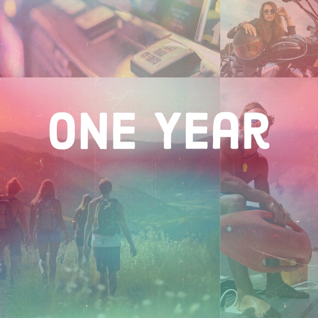 Collaged image of an arcade, girl on a motorcycle, friends hiking, and a lifeguard, all with a pink and green overlay and the words "ONE YEAR"
