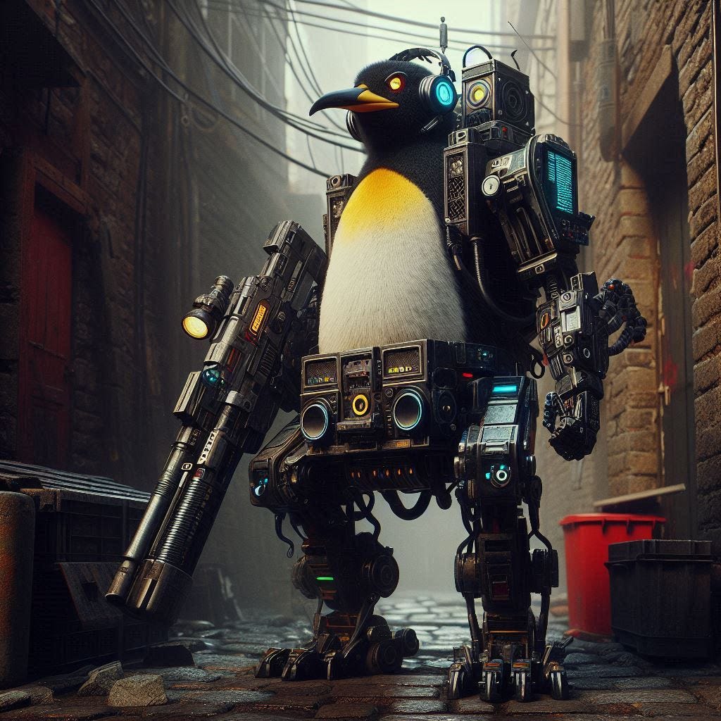 CYBORG PENGUIN BOOMBOX, gritty alley scene, cyberpunk