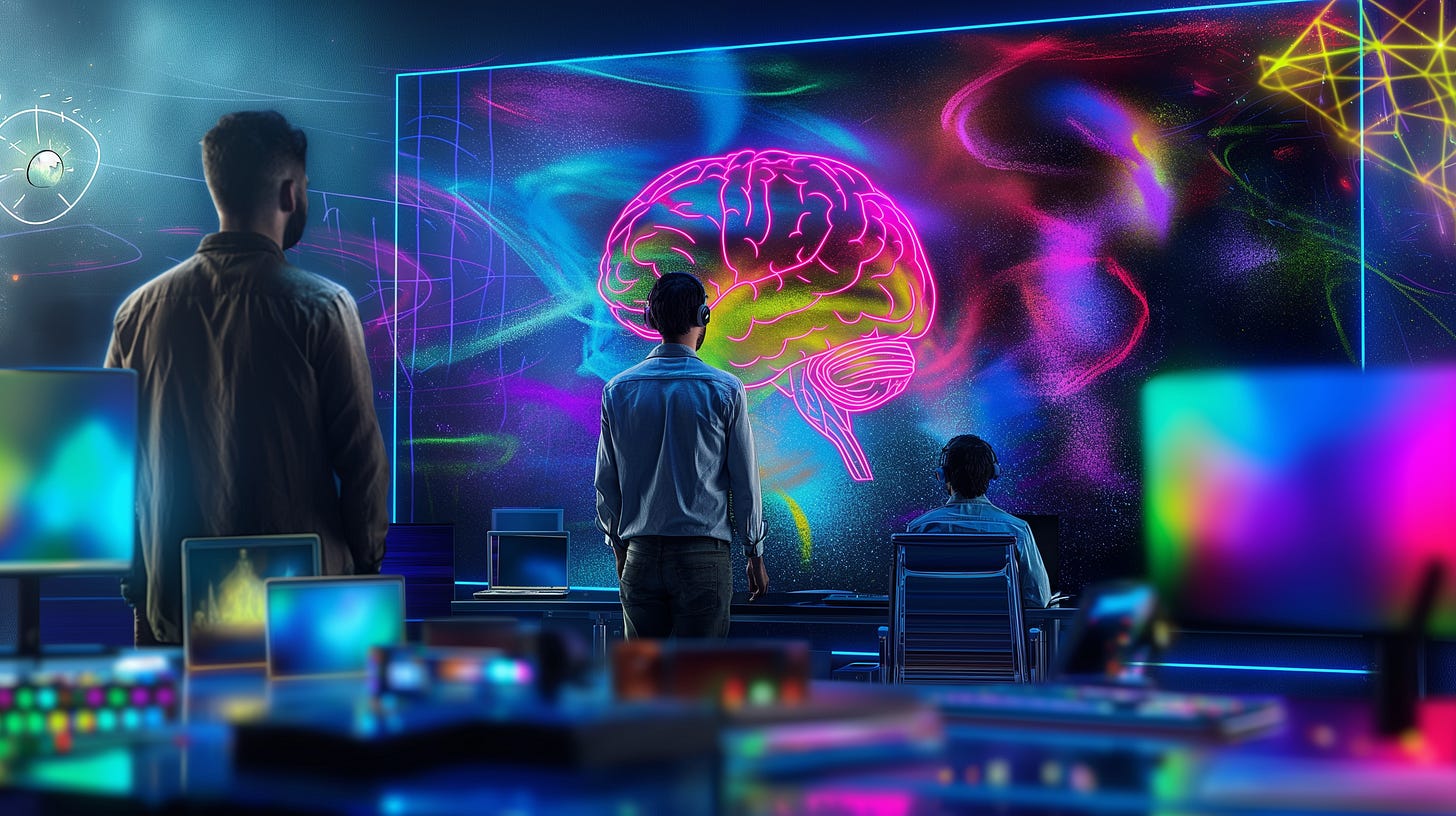 Three people are examining the human brain on a large monitor in a neon-lit room filled with computer screens