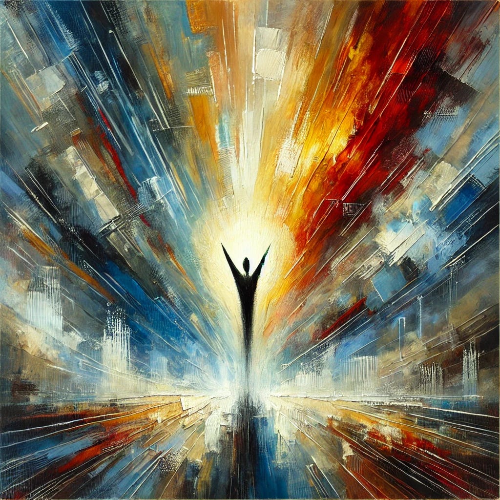 An abstract, expressive painting featuring a central, upward-reaching form symbolizing strength and resilience, set against a dynamic background. The main form is bold, with warm colors like red, orange, and yellow, suggesting inner strength and hope. The background is in cooler shades of blue, green, and dark neutrals, with textured brushstrokes that create a sense of movement and resistance, symbolizing challenging circumstances. The painting is flat and two-dimensional, with visible brushstrokes adding an expressive texture, evoking feelings of resilience, peace, and harmony. Square format, bright and engaging.