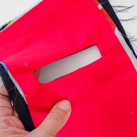 The inside of the project showing the pocket hole of the welt pocket