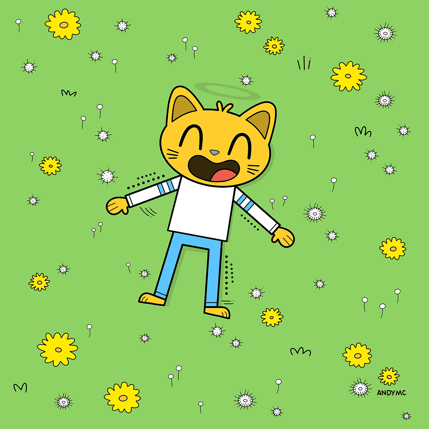 an illustration of a cat playing in the grass