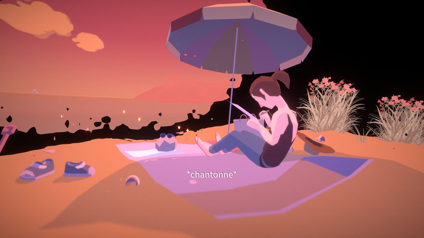 Cena do game "Before your eyes", animação 2D, uma praia, uma mulher sobre uma toalha de praia com alguns objetos, algo nas mãos que pode ser um caderno ou um livro