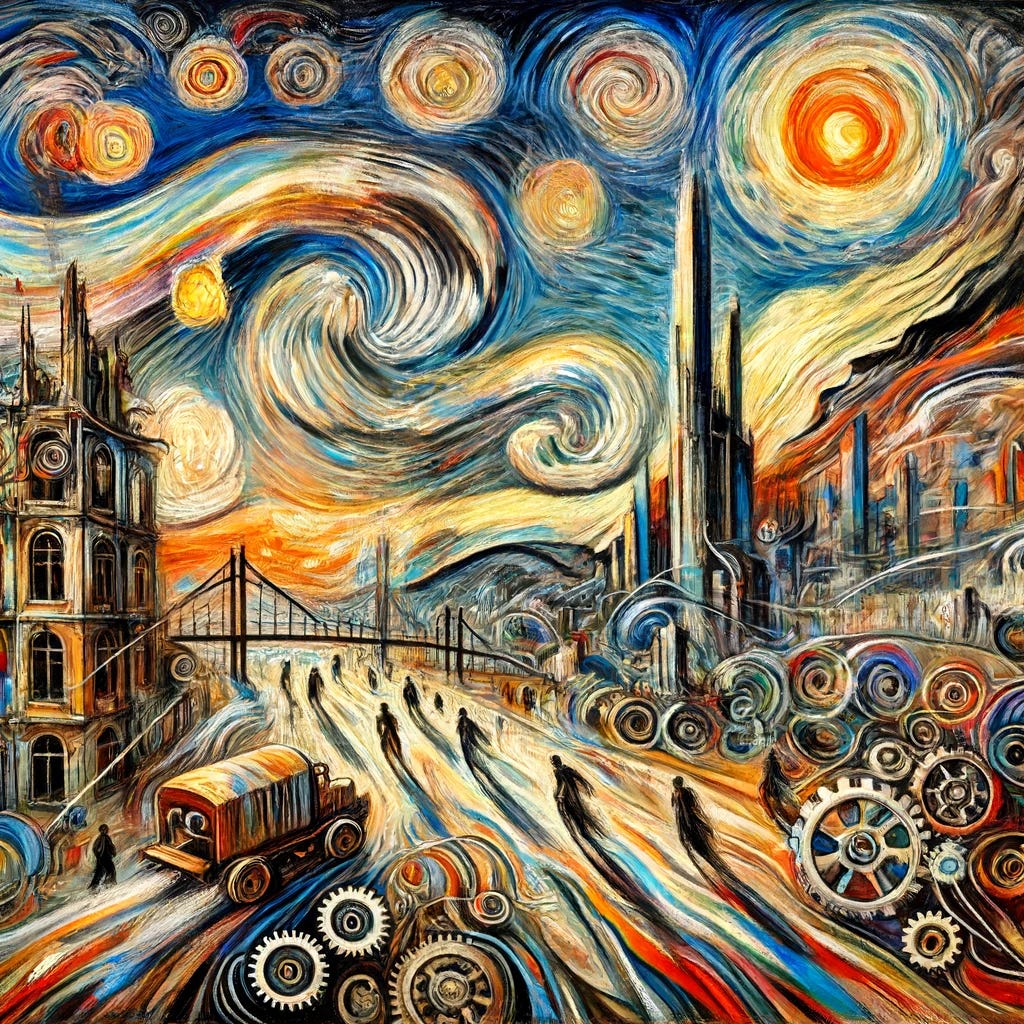 Abstract painting representing the spread of new technologies in the economy. Use swirling, bold brush strokes and vibrant, contrasting colors. Show old, crumbling buildings being replaced by modern, dynamic structures. Incorporate symbolic elements like gears and circuits. The scene should evoke a sense of hope and progress, with a dramatic sky and figures in motion. The medium should resemble oil on canvas, capturing raw and intense emotions typical of Munch's expressionist works.