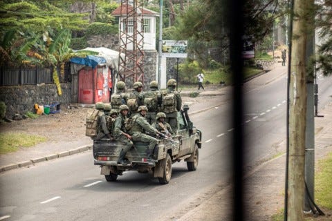 Members of the M23 armed group during a patrol in Goma, a vital trading hub that they mostly now control 