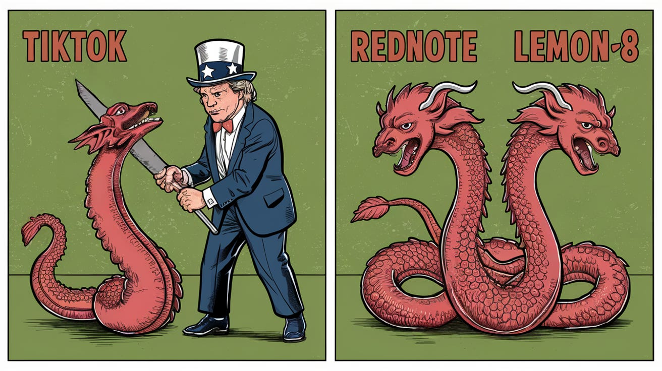 An AI-generated two panel comic. The first panel depicts Uncle Sam chopping the head off a hydra labelled TikTok. The second panel shows a hydra with two heads, labelled RedNote and Lemon8