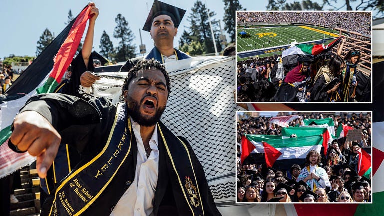 Pro-Palestinian students chants in protest during the UC Berkeley commencement ceremony in Berkeley, Calif., Saturday, May 11, 2024. Getty Images