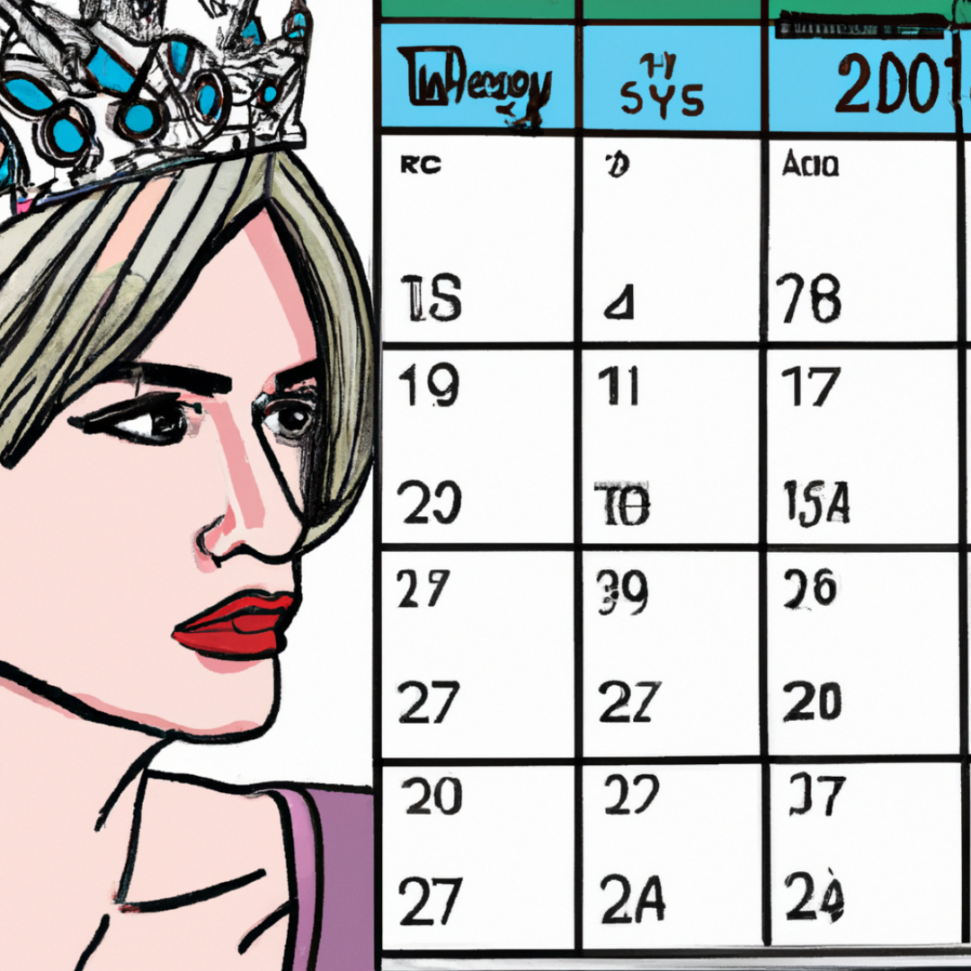 Pop art drawing of a lady with a tiara looking at a calendar