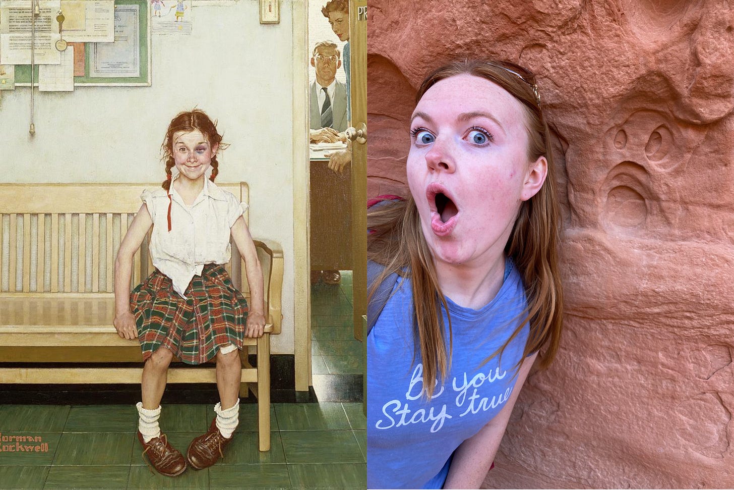 A side-by-side of Norman Rockwell’s “The Shiner” and a photo of myself mimicking a rock formation.