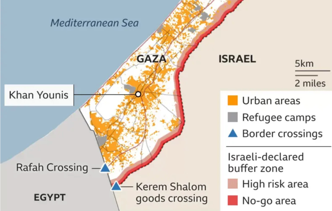 Map showing southern Gaza. The Rafah Crossing is on the border of Egypt and Gaza. The Kerem Shalom goods crossing is relatively close to the Rafah Crossing, but it is on the border between Gaza and Israel.