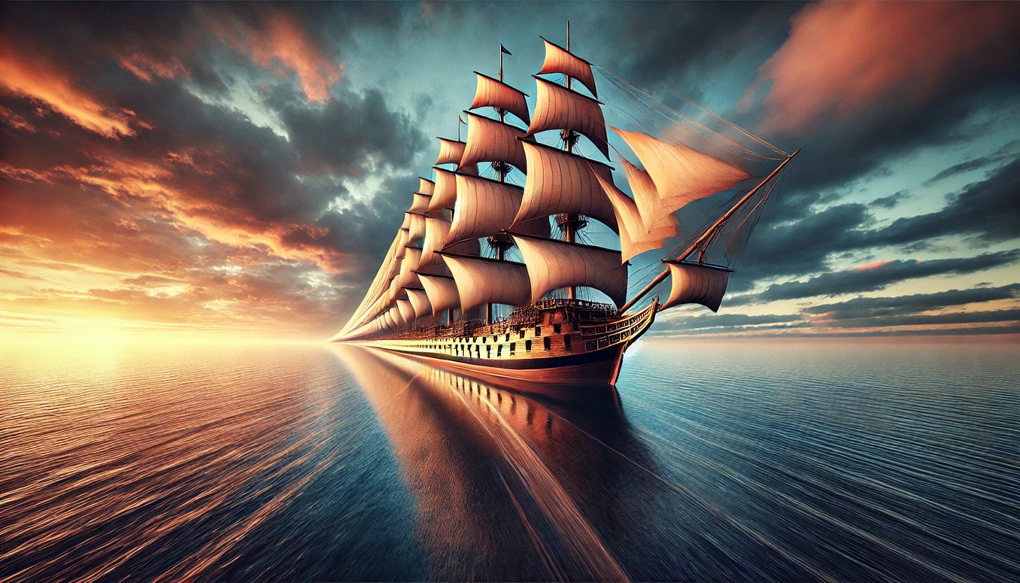 A majestic ship sailing on calm waters, with an exaggeratedly wide horizontal expansion, emphasizing the stretched X-axis, creating a surreal and elongated appearance. The ship features detailed sails and intricate wooden design, surrounded by a serene ocean and a dramatic sunset sky with vibrant colors. The perspective accentuates the ship's width, making it visually striking and unique.