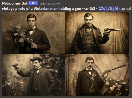 4-image grid of Victorian men holding guns generated by Midjourney