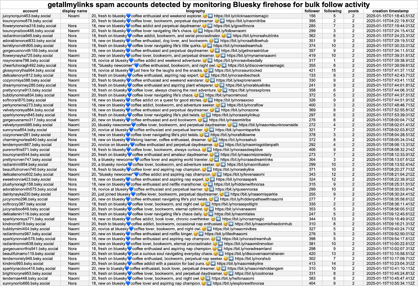 table of 55 accounts named "Nora" and "Naomi" with cookie-cutter biographies that experienced rapid follower growth during the course of the experiment