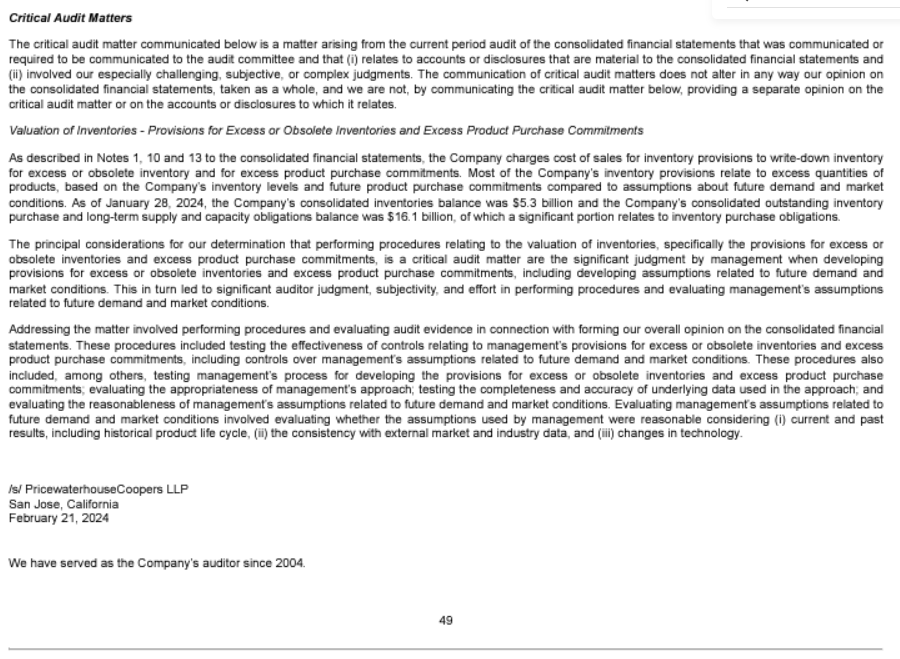 Critical Audit Matters The critical audit matter communicated below is a matter arising from the current period audit of the consolidated financial statements that was communicated or required to be communicated to the audit committee and that (i) relates to accounts or disclosures that are material to the consolidated financial statements and (ii) involved our especially challenging, subjective, or complex judgments. The communication of critical audit matters does not alter in any way our opinion on the consolidated financial statements, taken as a whole, and we are not, by communicating the critical audit matter below, providing a separate opinion on the critical audit matter or on the accounts or disclosures to which it relates. Valuation of Inventories - Provisions for Excess or Obsolete Inventories and Excess Product Purchase Commitments As described in Notes 1, 10 and 13 to the consolidated financial statements, the Company charges cost of sales for inventory provisions to write-down inventory for excess or obsolete inventory and for excess product purchase commitments. Most of the Company's inventory provisions relate to excess quantities of products, based on the Company's inventory levels and future product purchase commitments compared to assumptions about future demand and market conditions. As of January 28, 2024, the Company's consolidated inventories balance was $5.3 billion and the Company's consolidated outstanding inventory purchase and long-term supply and capacity obligations balance was $16.1 billion, of which a significant portion relates to inventory purchase obligations. The principal considerations for our determination that performing procedures relating to the valuation of inventories, specifically the provisions for excess or obsolete inventories and excess product purchase commitments, is a critical audit matter are the significant judgment by management when developing provisions for excess or obsolete inventories and excess product purchase commitments, including developing assumptions related to future demand and market conditions. This in turn led to significant auditor judgment, subjectivity, and effort in performing procedures and evaluating management's assumptions related to future demand and market conditions. Addressing the matter involved performing procedures and evaluating audit evidence in connection with forming our overall opinion on the consolidated financial statements. These procedures included testing the effectiveness of controls relating to management's provisions for excess or obsolete inventories and excess product purchase commitments, including controls over management's assumptions related to future demand and market conditions. These procedures also included, among others, testing management's process for developing the provisions for excess or obsolete inventories and excess product purchase commitments; evaluating the appropriateness of management's approach; testing the completeness and accuracy of underlying data used in the approach; and evaluating the reasonableness of management's assumptions related to future demand and market conditions. Evaluating managements assumptions related to future demand and market conditions involved evaluating whether the assumptions used by management were reasonable considering (i) current and past results, including historical product life cycle, (il) the consistency with external market and industry data, and (il) changes in technology.
