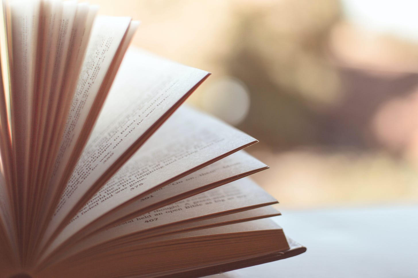 A book, side view, as the pages are fanned out and open. The background is too blurry to make out.