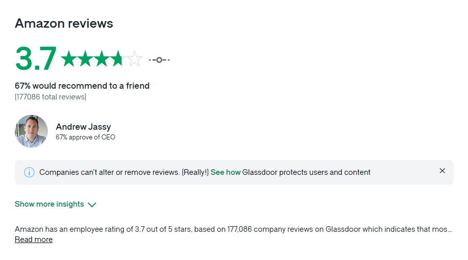 screenshot from glassdoor showing the rating of the CEO of amazon Andrew Jassy