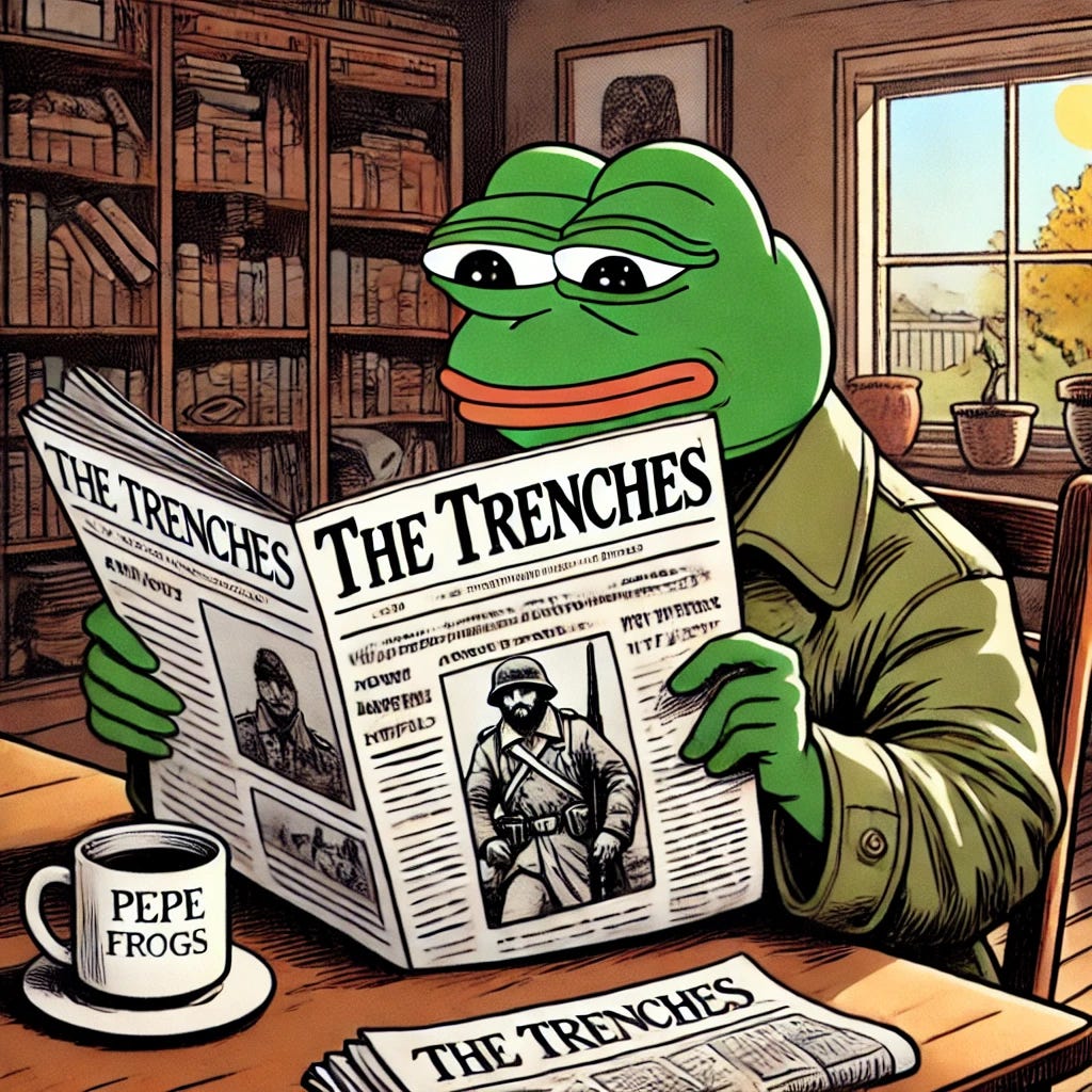 A Pepe the Frog character sitting at a table, reading a newspaper called 'The Trenches.' The scene is cozy, with a cup of coffee next to Pepe. The newspaper has a bold headline and some visible text and images, suggesting it covers various topics. The background includes a bookshelf filled with books and a window showing a sunny day outside.