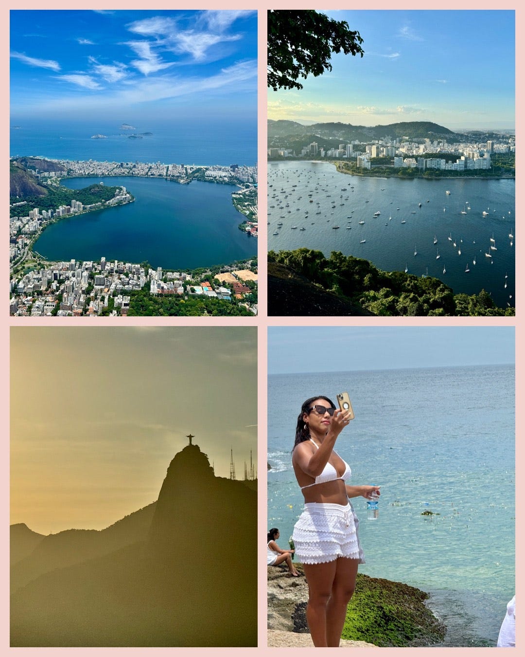 Vistas de la ciudad de Río, del Cristo Redentor del lejos y una muchacha sacándose un selfie en la playa. Vistas de la ciudad de Río, del Cristo Redentor del lejos y una muchacha sacándose un selfie en la playa.